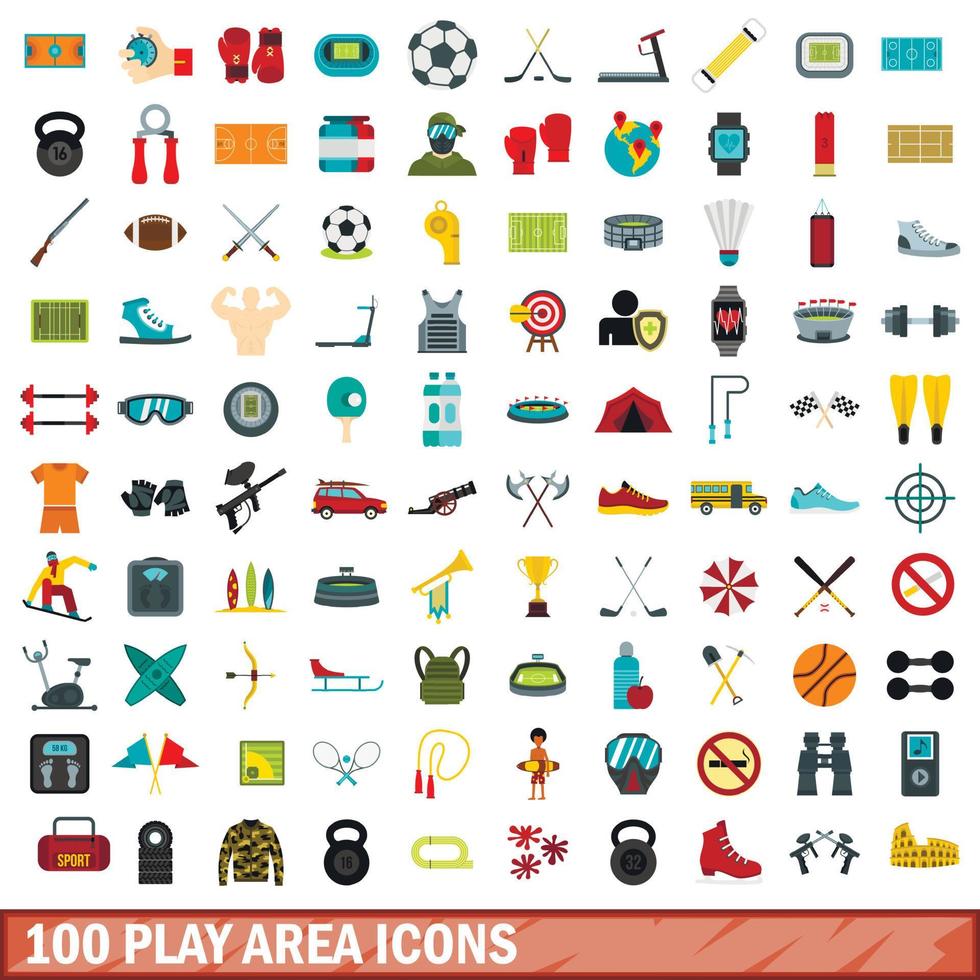 100 iconos de área de juego, estilo plano vector