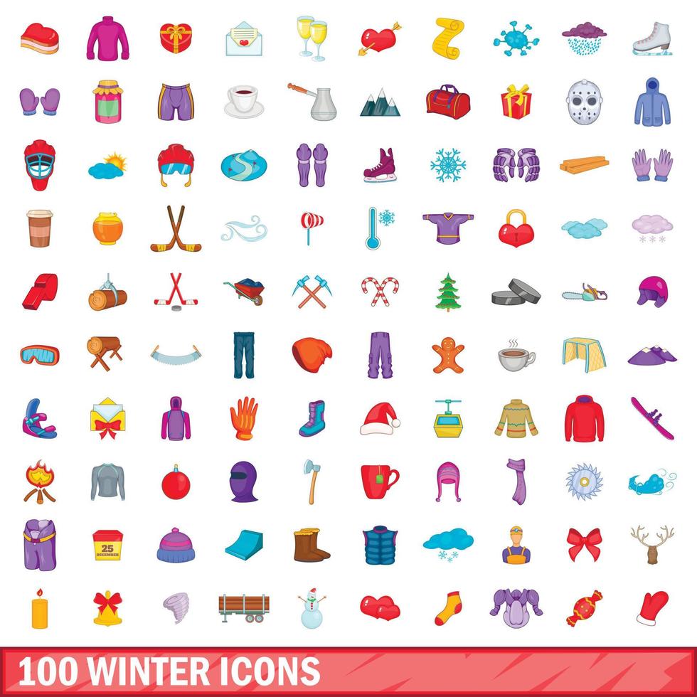 100 winter icons set, cartoon style vector