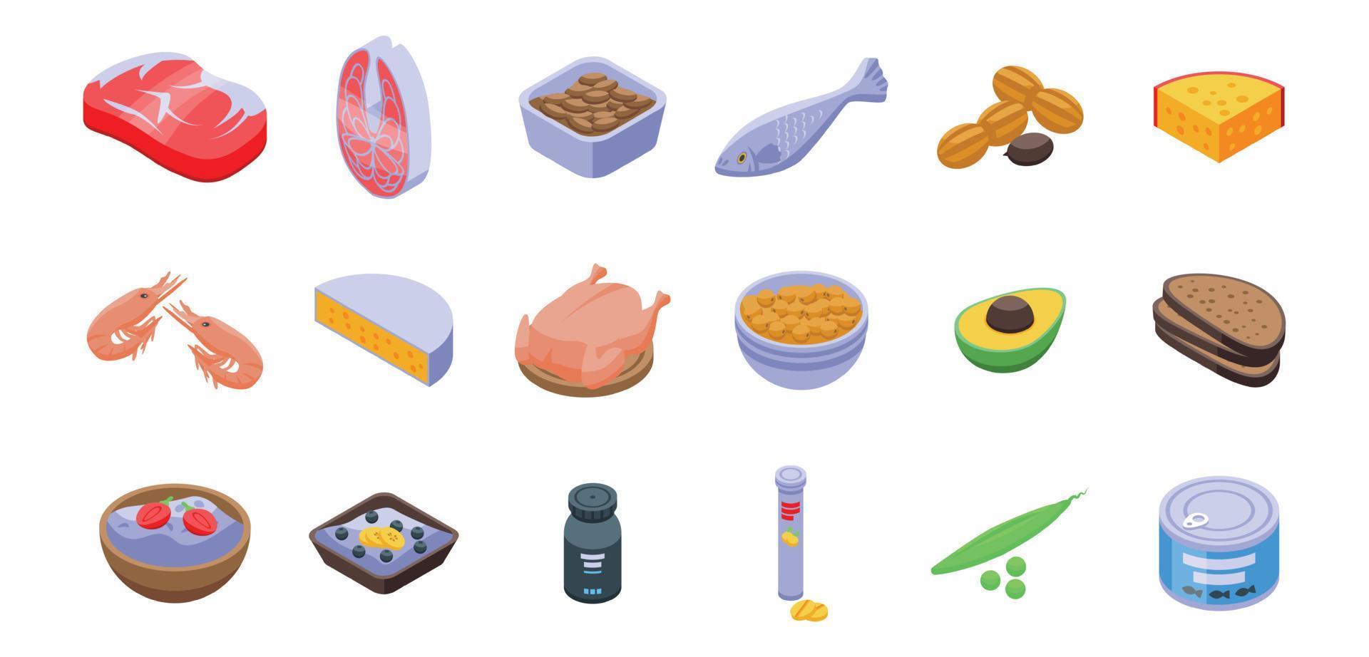 Protein nutrient icons set, isometric style vector