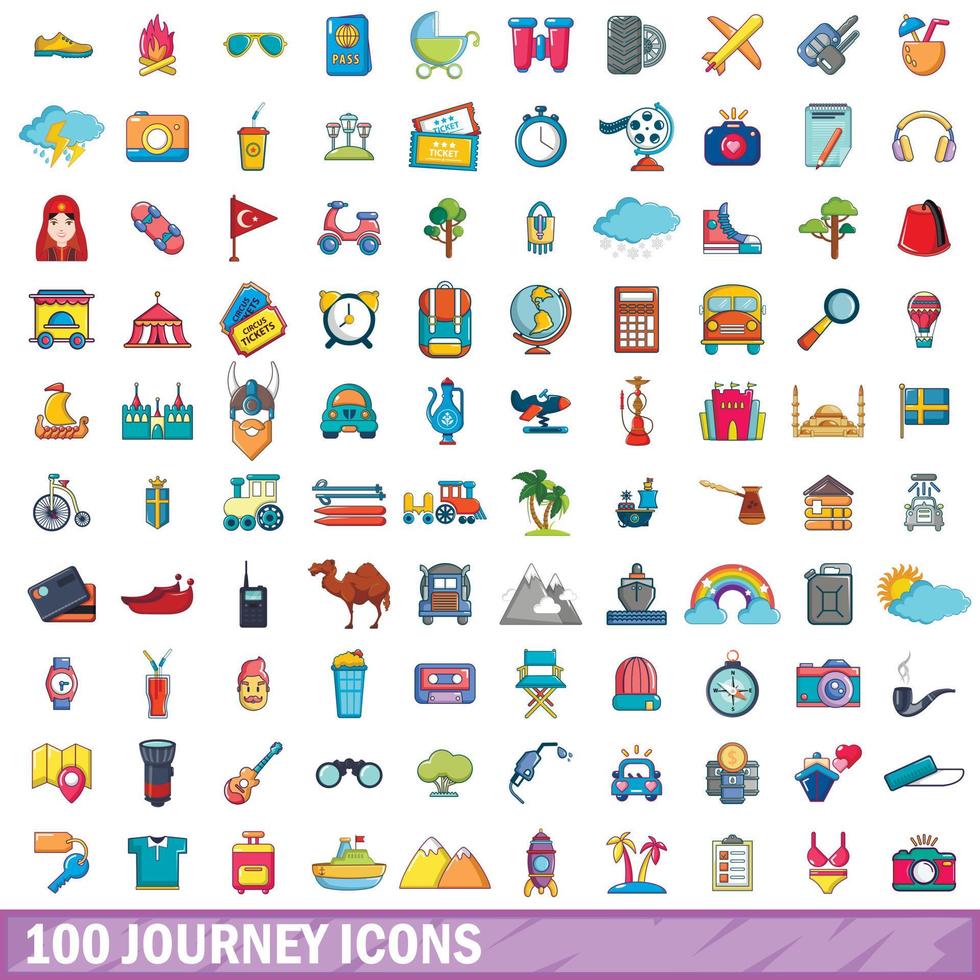 100 journey icons set, cartoon style vector