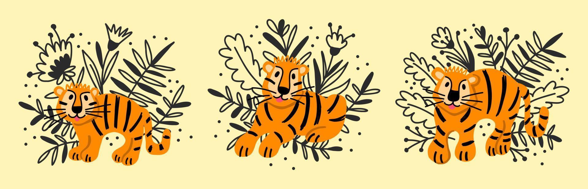 un conjunto con tigres y flores divertidos de dibujos animados al estilo de los niños vector