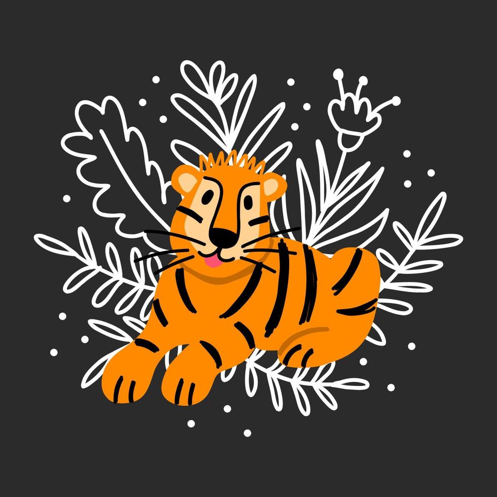 A cute little tiger cub lies in the jungle on a background of flowers vector