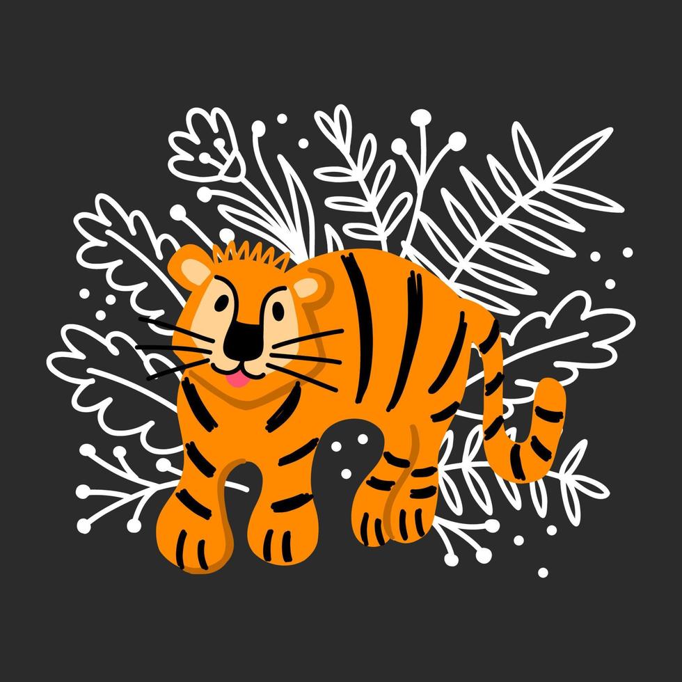 A child's image of a hand-drawn tiger cub walking through the jungle on a background of flowers vector