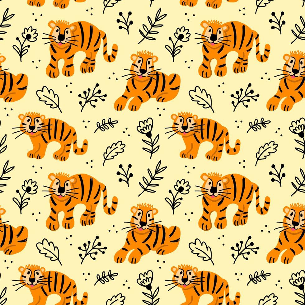 un patrón con dibujos animados de tigres divertidos y flores al estilo de los niños vector