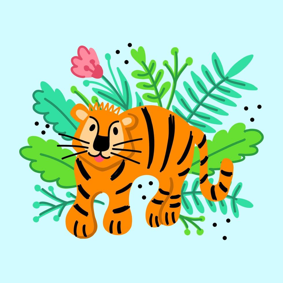 Clip art of a striped tiger in flowers and leaves vector