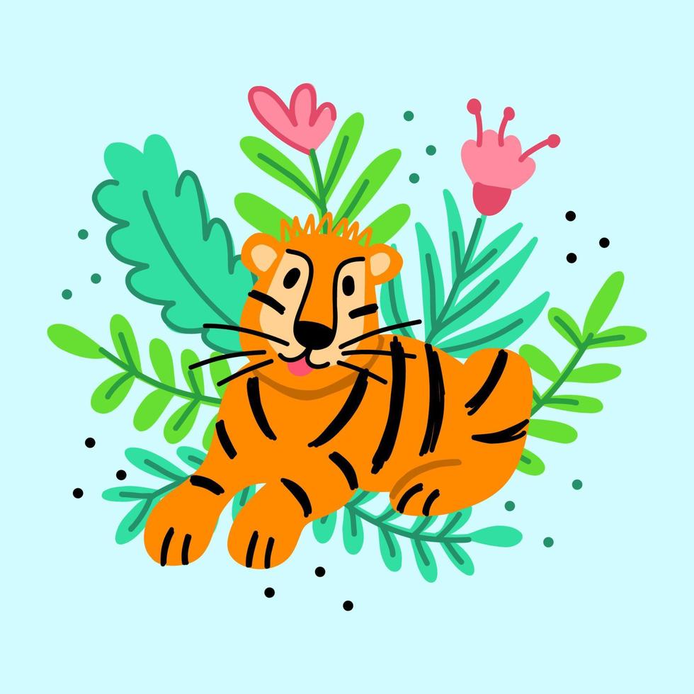 Funny tiger cub lies in tropical flowers vector