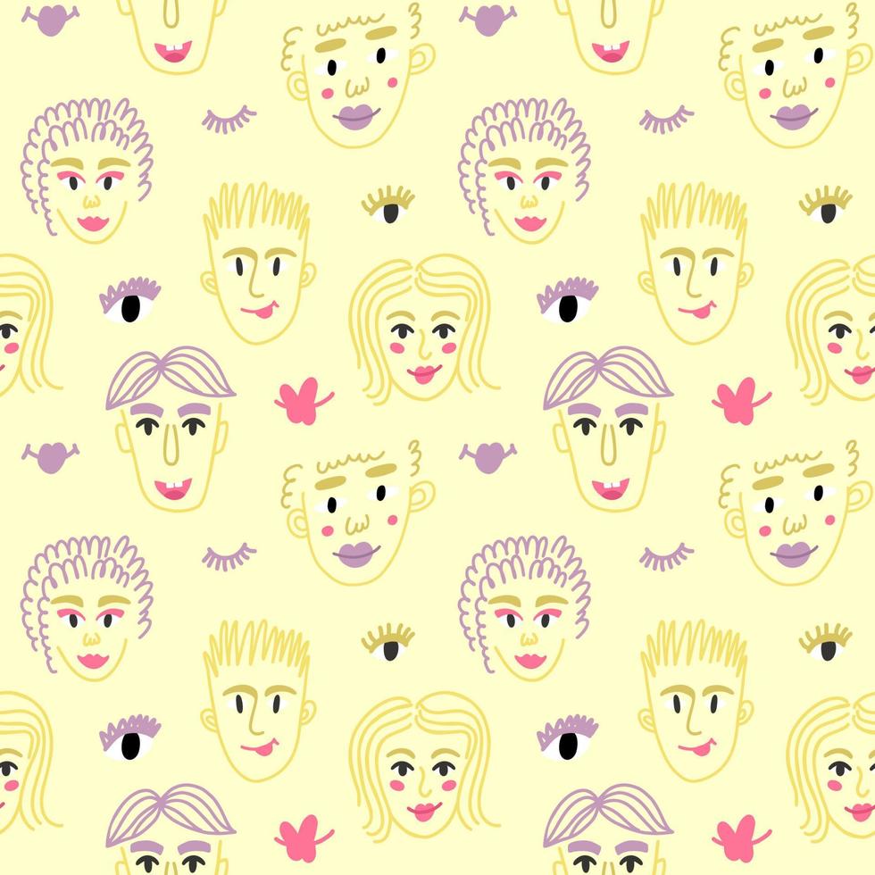 Seamless pattern with the faces of women and men, eyes and lips. Linear drawing vector