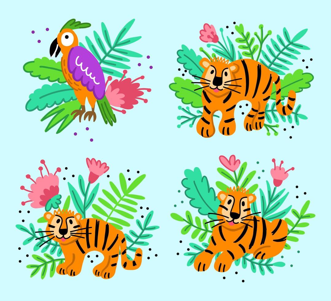 Set clip art of funny tigers and a parrot. Animals in the jungle vector