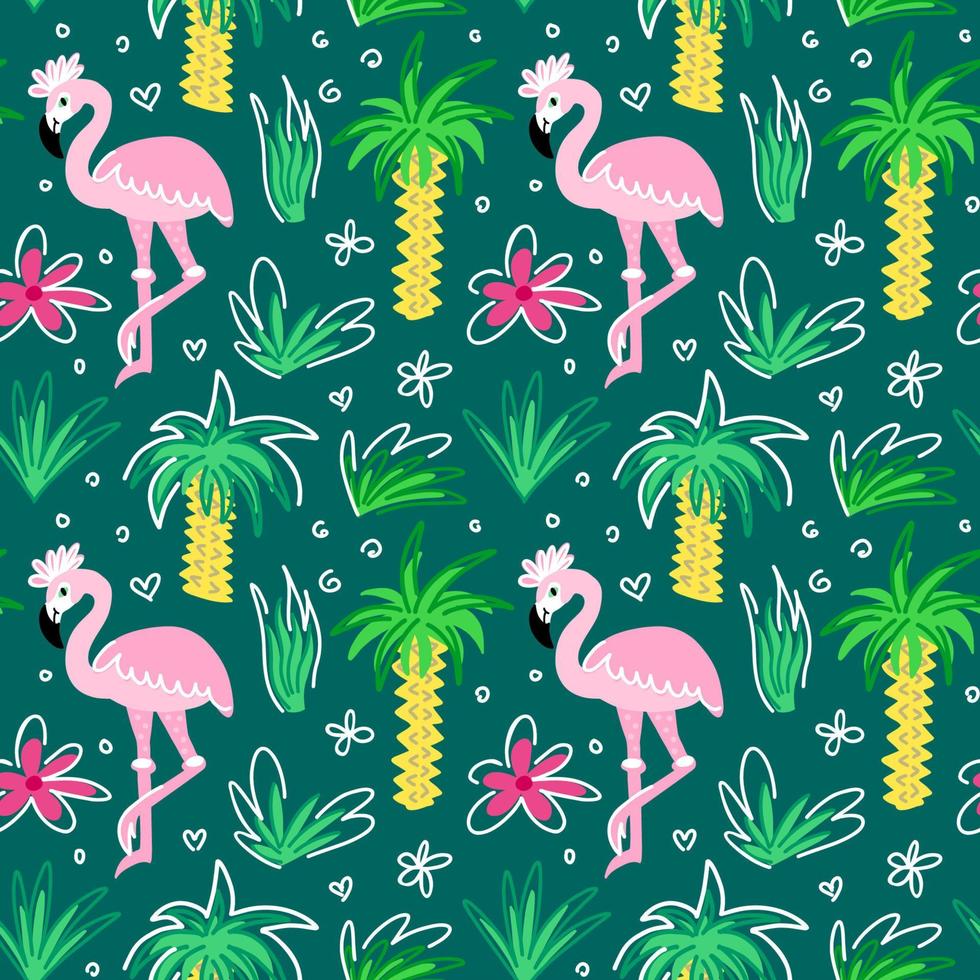 Seamless pattern with flamingos in the tropics among palm trees and flowers vector