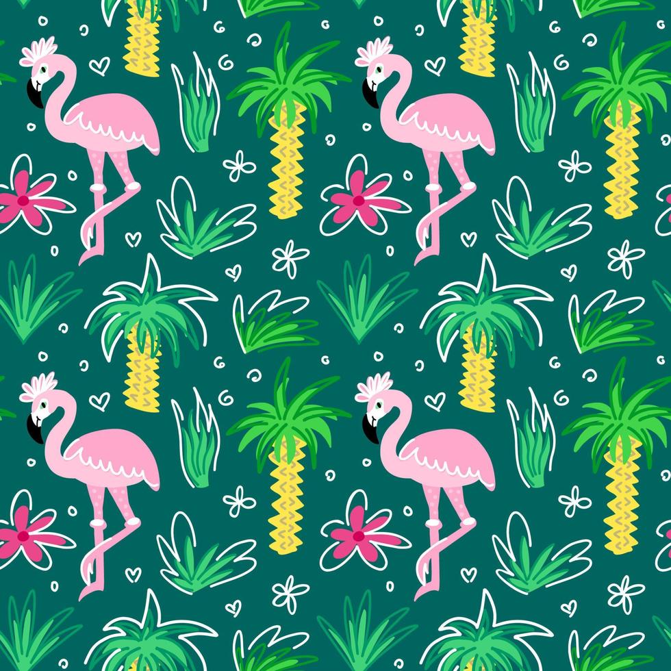 Seamless pattern with flamingos in the tropics among palm trees and flowers vector