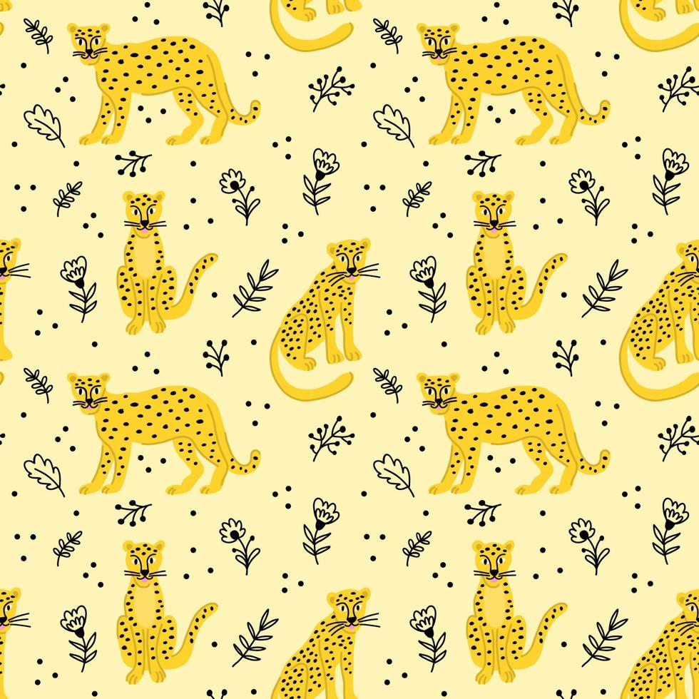 Seamless pattern with leopards in different poses among twigs and flowers vector