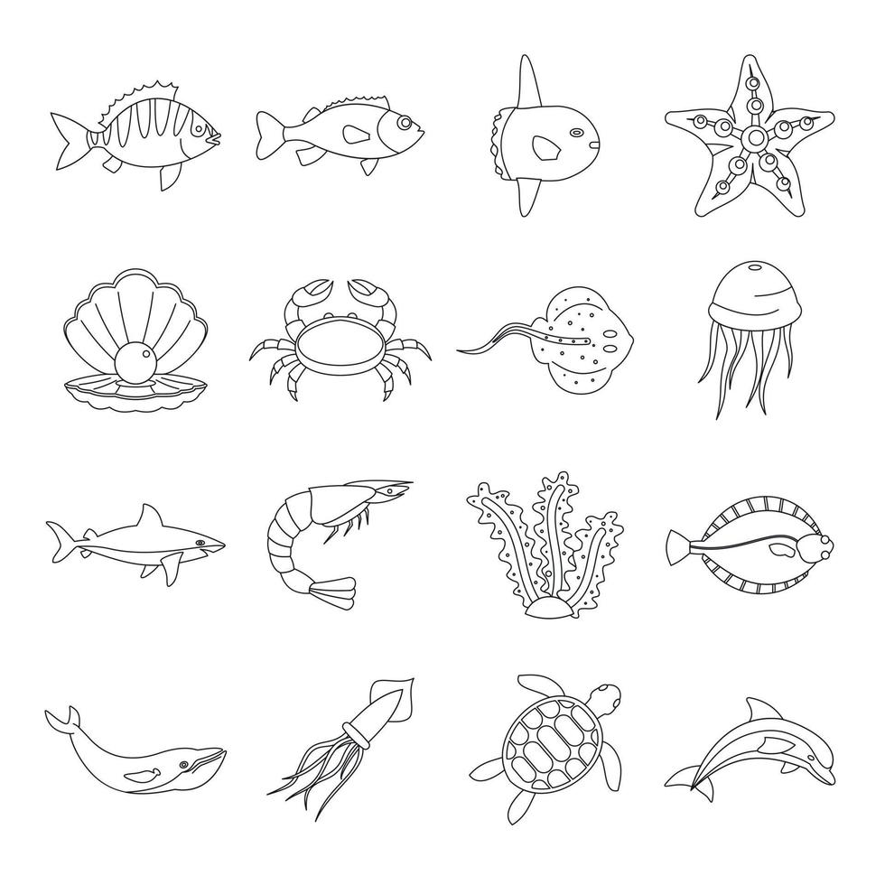 Sea animals icons set, otline style vector