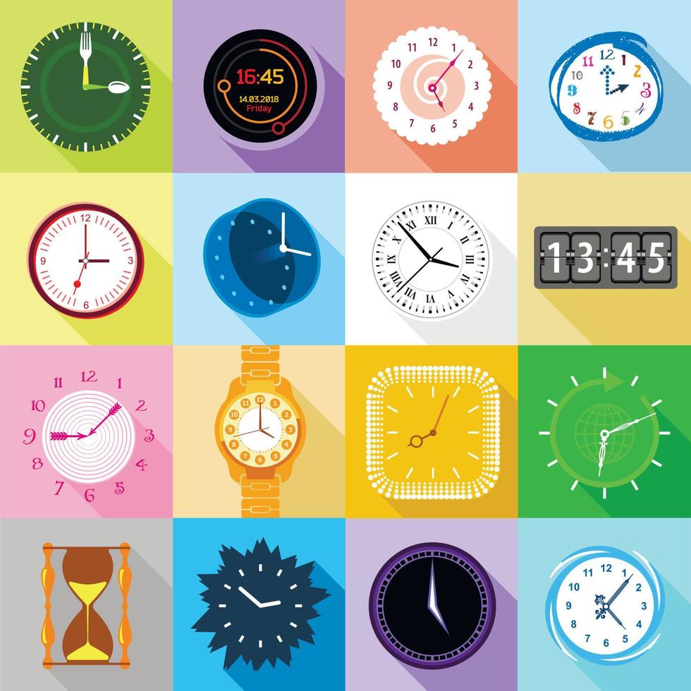 Clocks icons set colorful, flat style vector