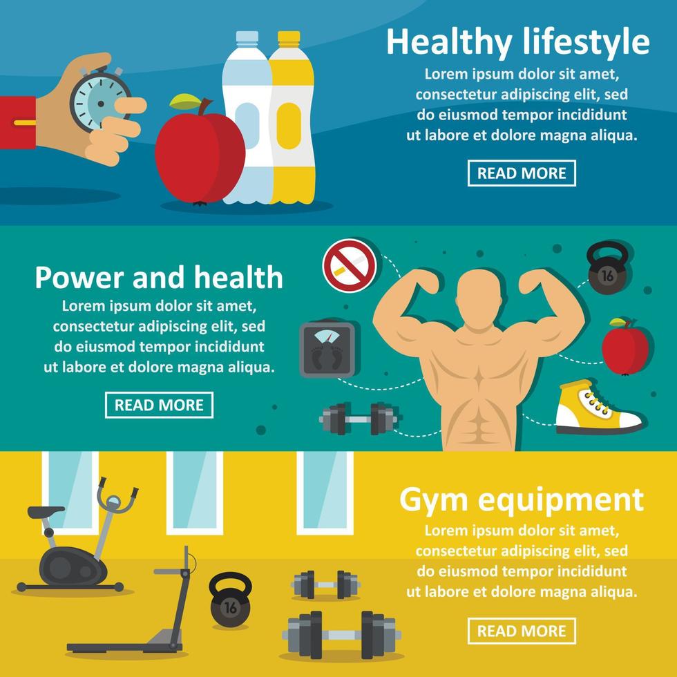 Gym healthy banner horizontal set, flat style vector