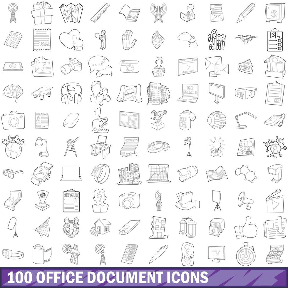 100 iconos de documentos de oficina establecidos, estilo de esquema vector