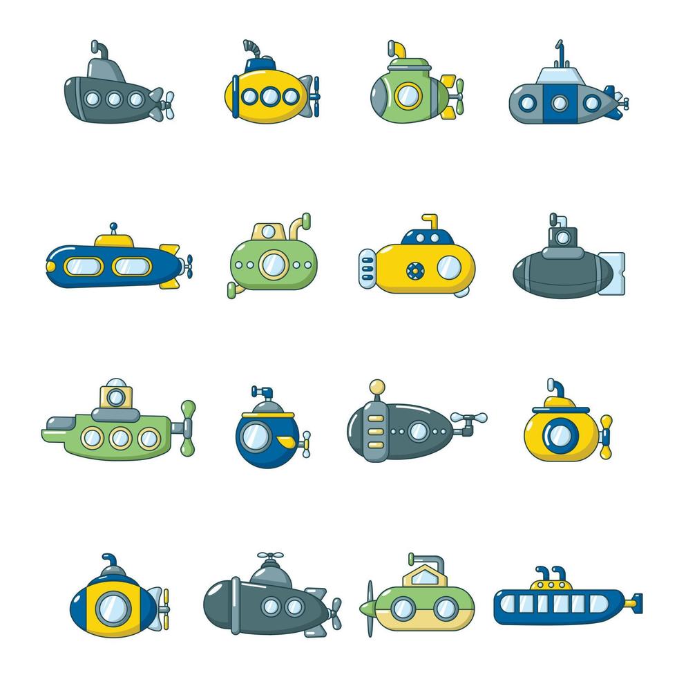 Submarine icons set, cartoon style vector