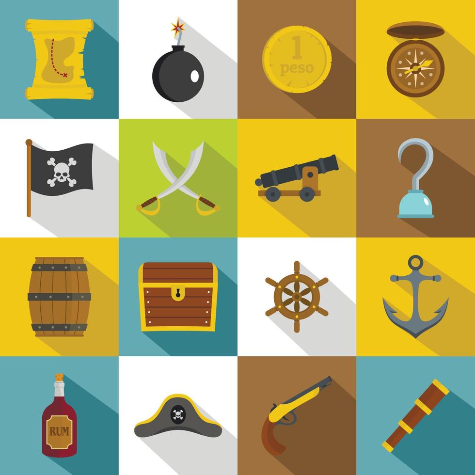 Pirate icons set, flat style vector