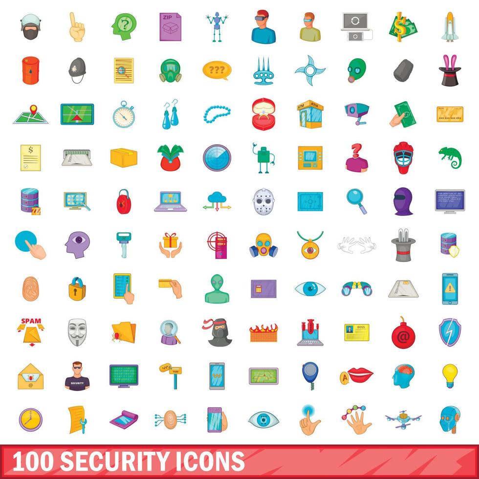 100 iconos de seguridad, estilo de dibujos animados vector