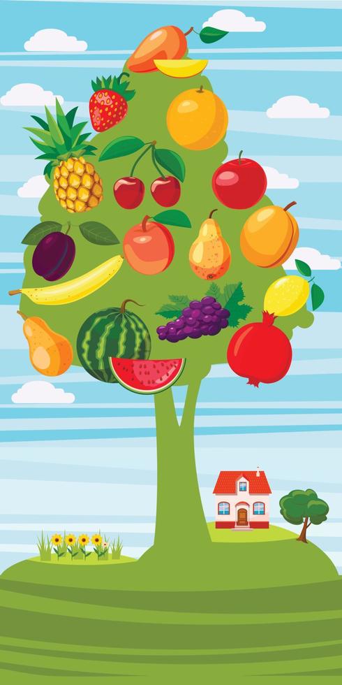 Fruits tree vertical banner, cartoon style vector