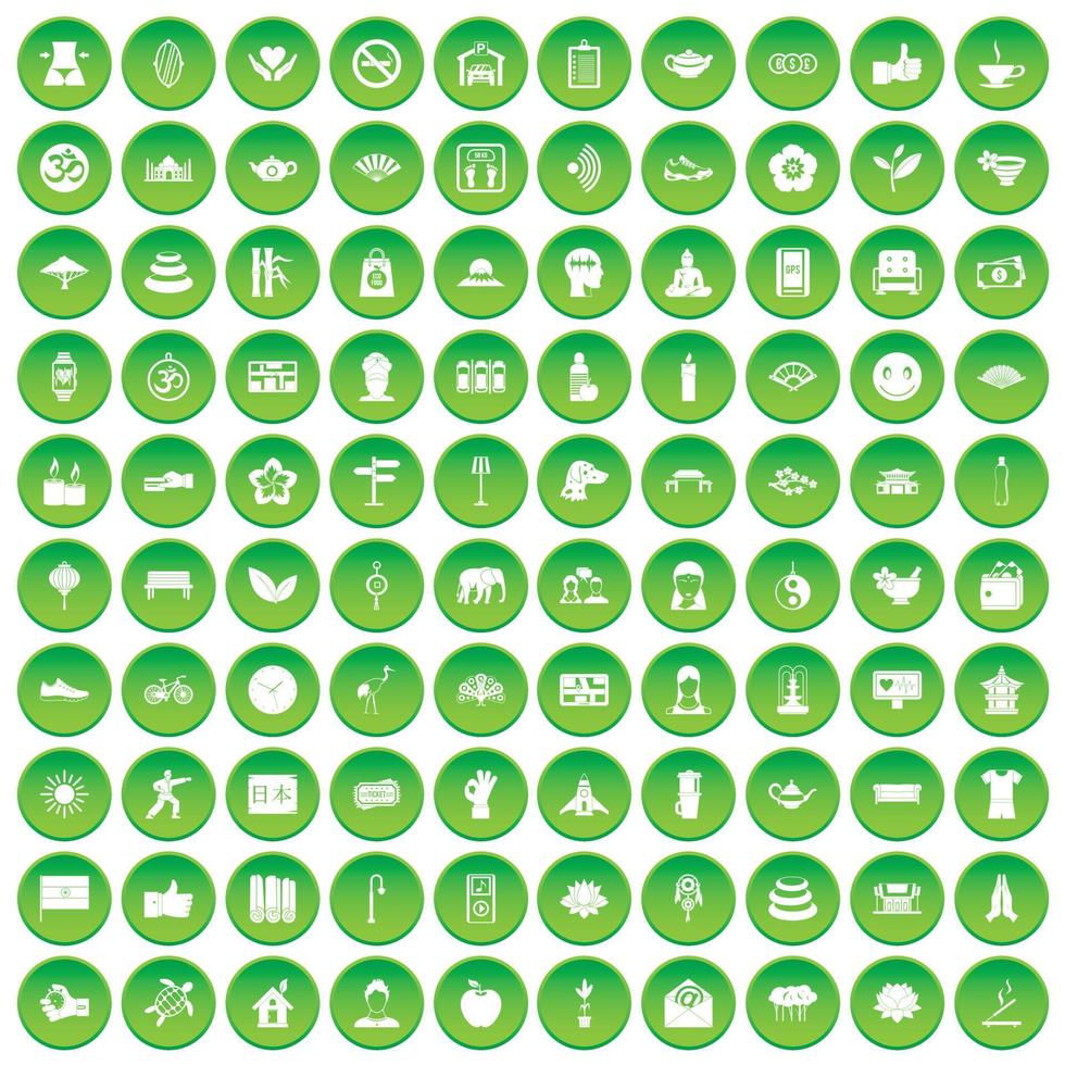 100 yoga icons set green circle vector