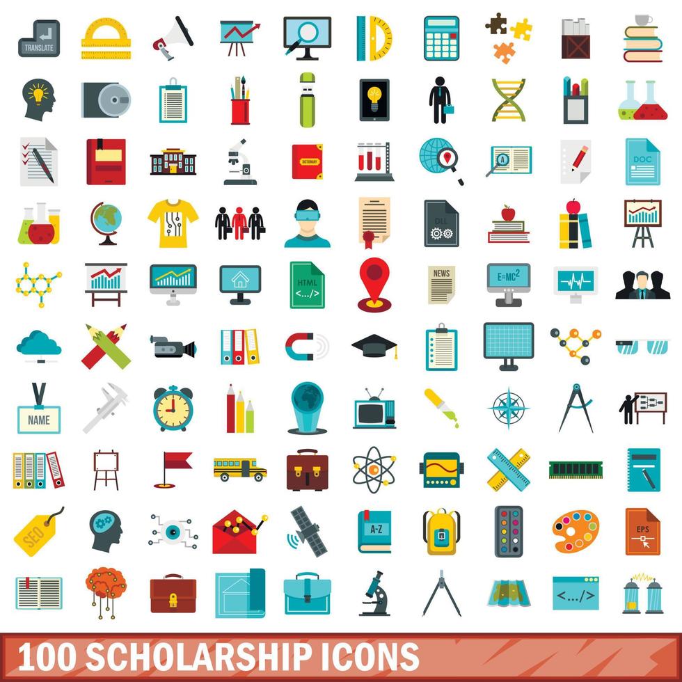 100 scholarship icons set, flat style vector