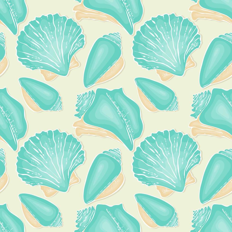 Pattern Seashell hand drawn doodle drawing, blue and beige pastel tone. Vector illustration