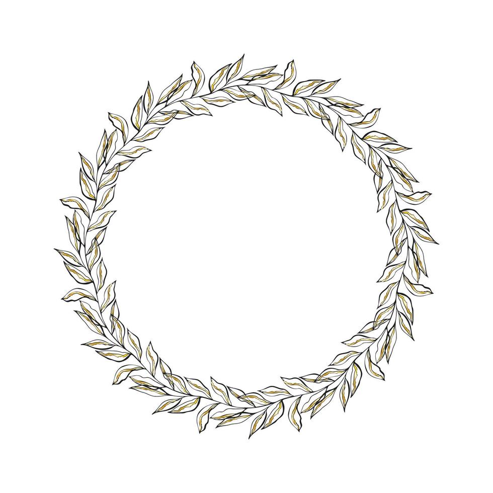 Wreath floral wedding hand drawn doodle with gold stripe decorated, decoration, round frame with branches leaves with gold gradient. Vector illustration