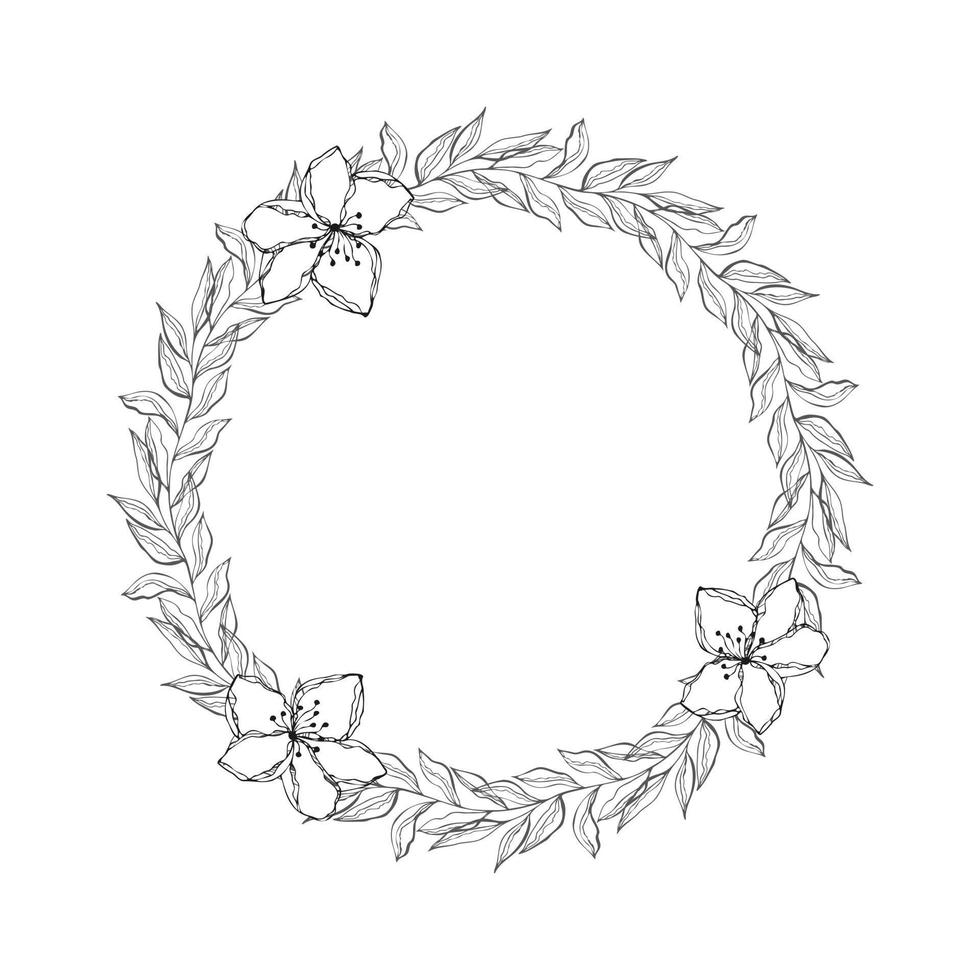 Wreath floral hand drawn doodle with flowers, wedding decoration, round frame with branches leaves and flower doodle. vector