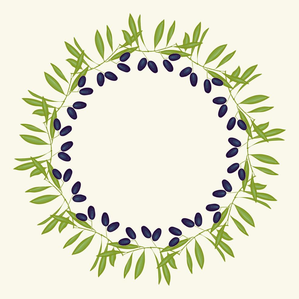 Wreath black olives hand drawn doodle round frame with branches leaves and green berry. vector