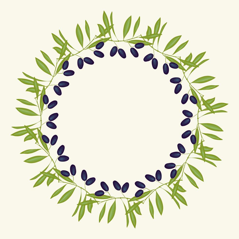 Wreath black olives hand drawn doodle round frame with branches leaves and green berry. vector