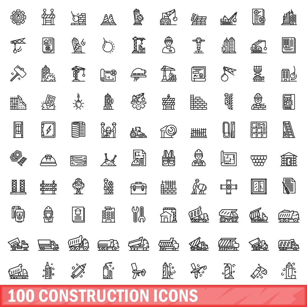 100 construction icons set, outline style vector