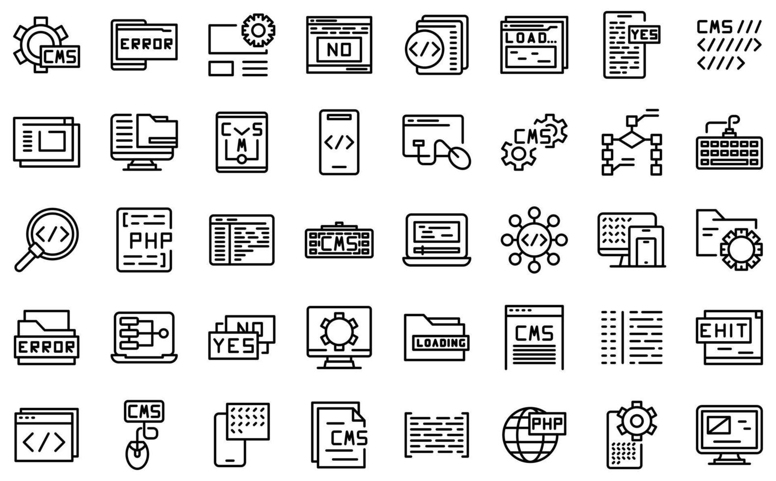 Cms development icons set outline vector. Data code vector