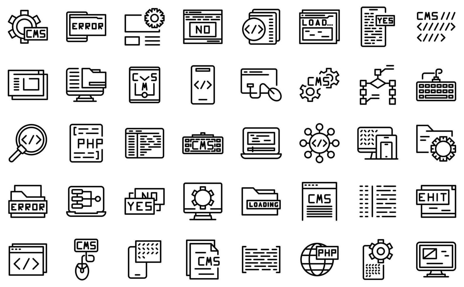 conjunto de iconos de desarrollo de cms vector de contorno. codigo de DATOS