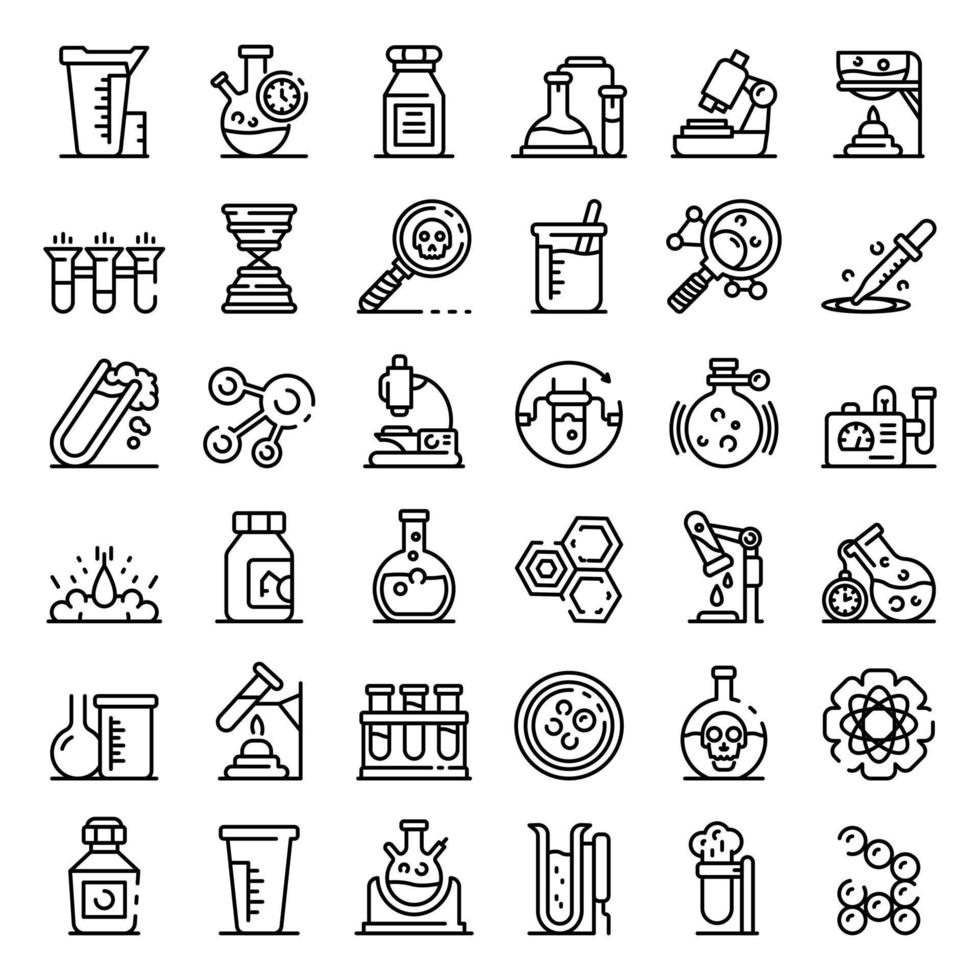 Chemical laboratory experiment icons set, outline style vector