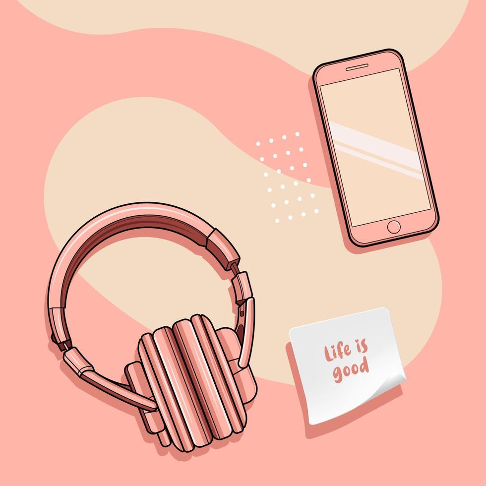 durazno pastel teléfono y auriculares para escuchar música ilustración vectorial descarga gratuita vector