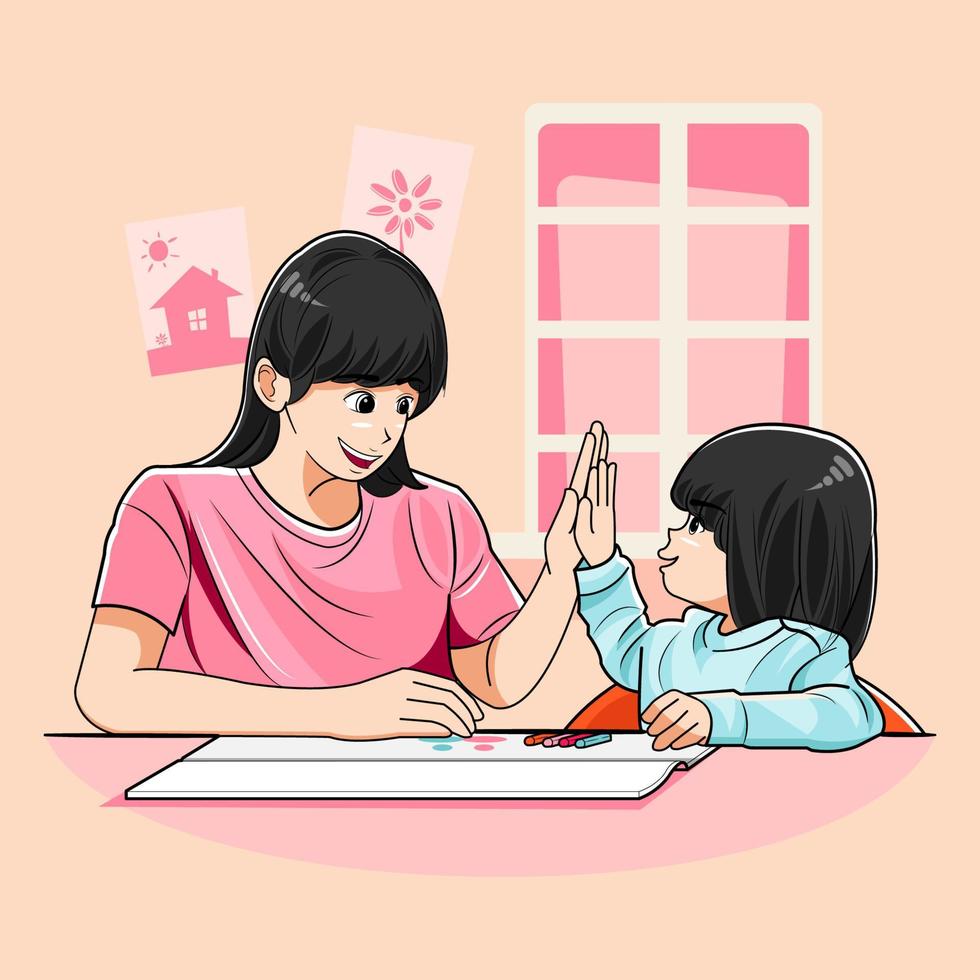 Mom and her daughter are giving high five while they are doing homework vector illustration pro download