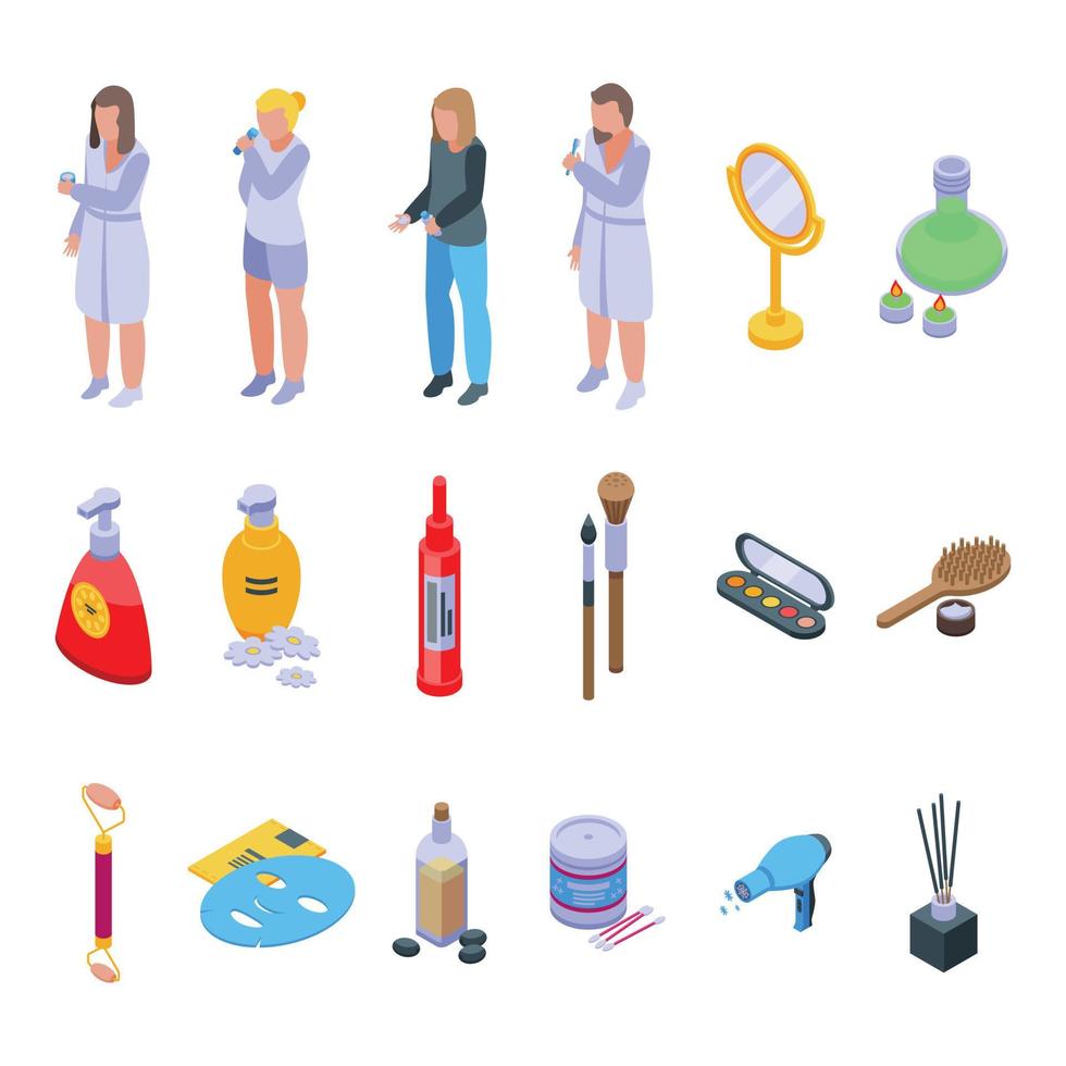 Morning treatments icons set isometric vector. Care shave vector