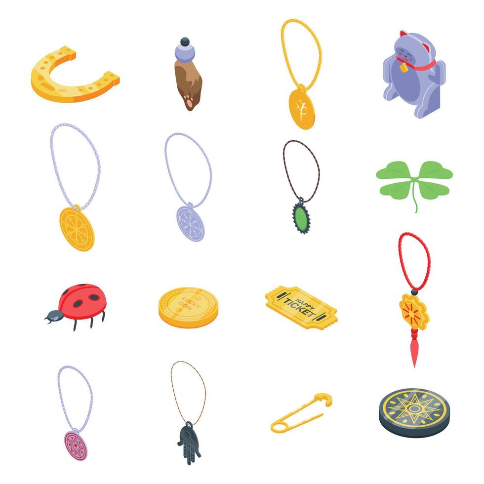 Lucky charm icons set, isometric style vector