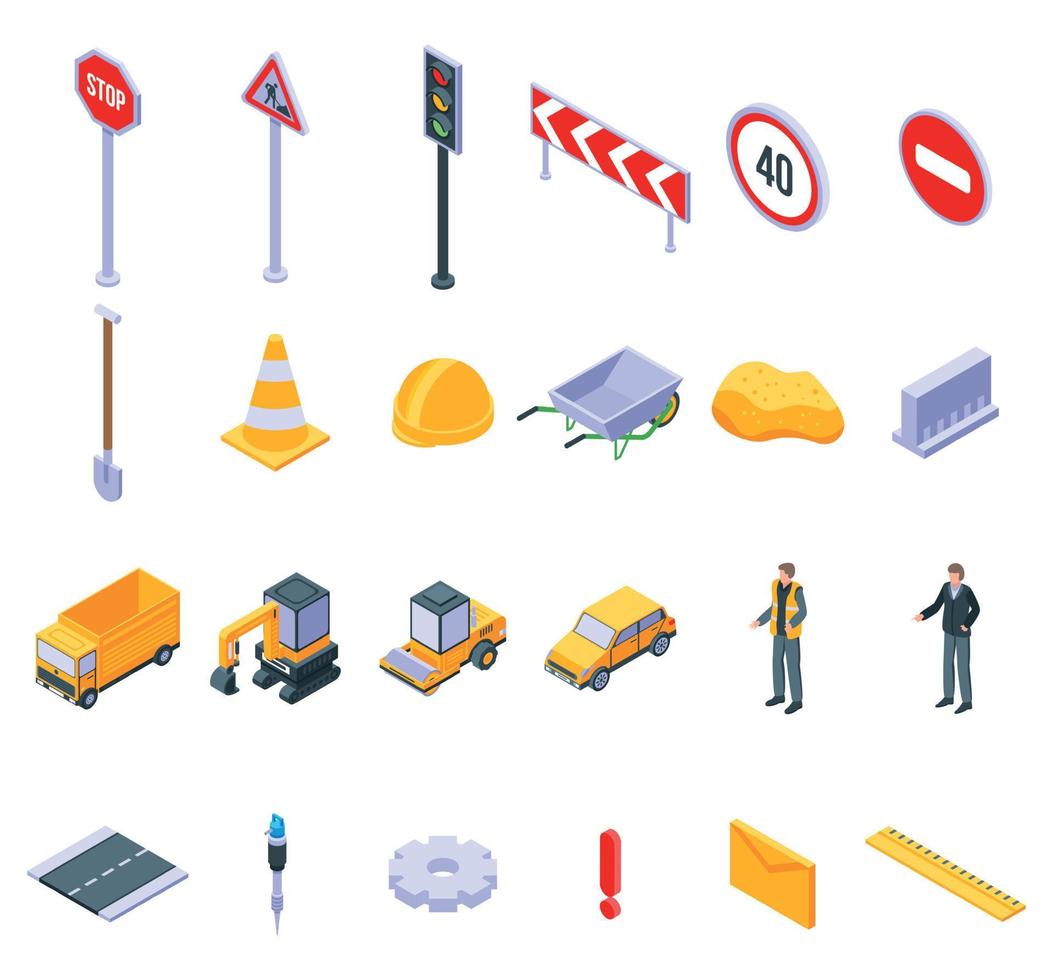 conjunto de iconos de reparación de carreteras, estilo isométrico vector