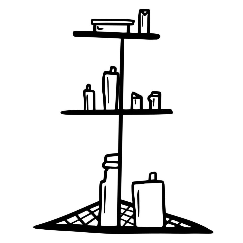 Black doodle of a bathroom shelf. Hand-drawn bathroom accessories illustration. bathroom shelf line art Illustration vector