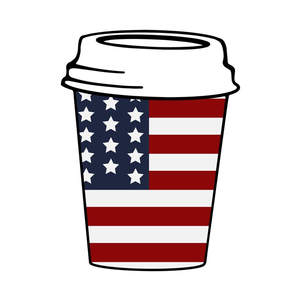 una bandera de los estados unidos de américa en un vaso de papel de cerca en el fondo blanco. fiesta del día de la independencia de estados unidos. la taza de recuerdo de la bandera de los estados unidos de américa. ilustración vectorial arte lineal vector