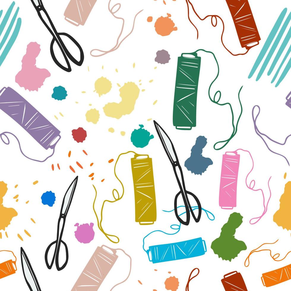 Seamless pattern for knitting and sewing. threads and scissors. the theme of handmade vector