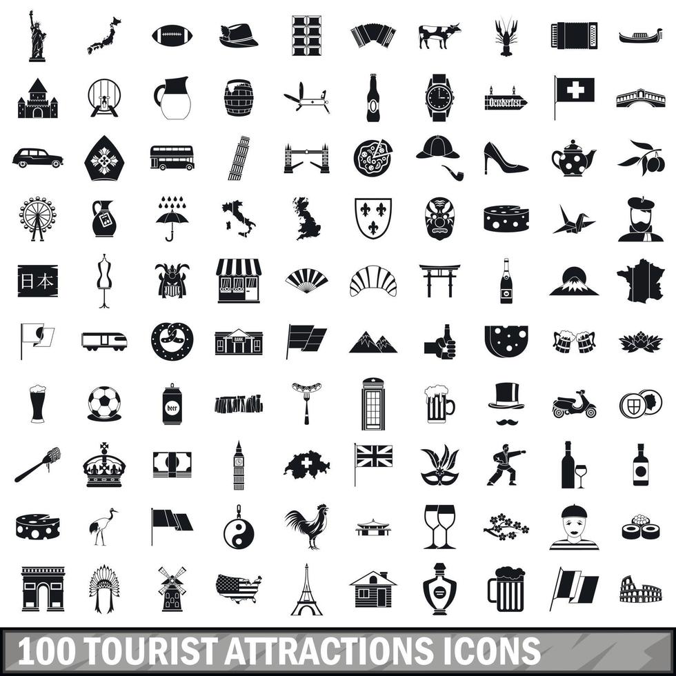 100 atracciones turísticas, conjunto de iconos de estilo simple vector