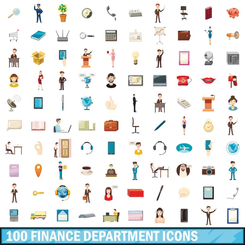 100 finance department icons set, cartoon style vector