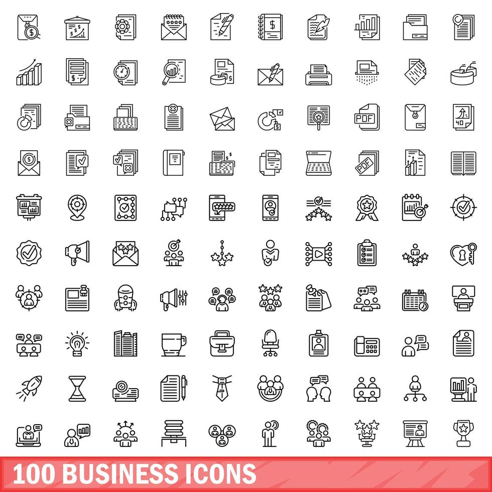 100 business icons set, outline style vector