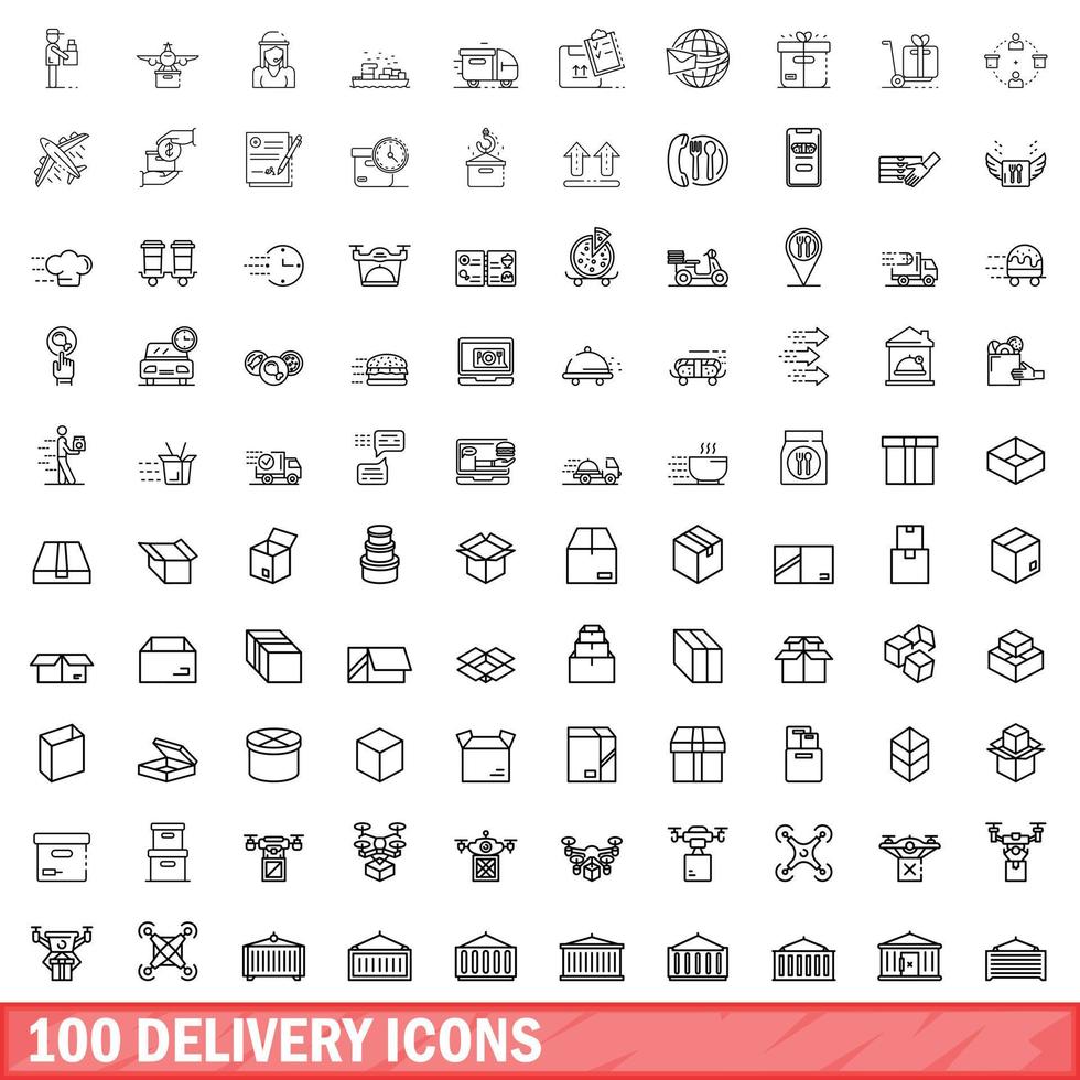 100 conjunto de iconos de entrega, estilo de esquema vector