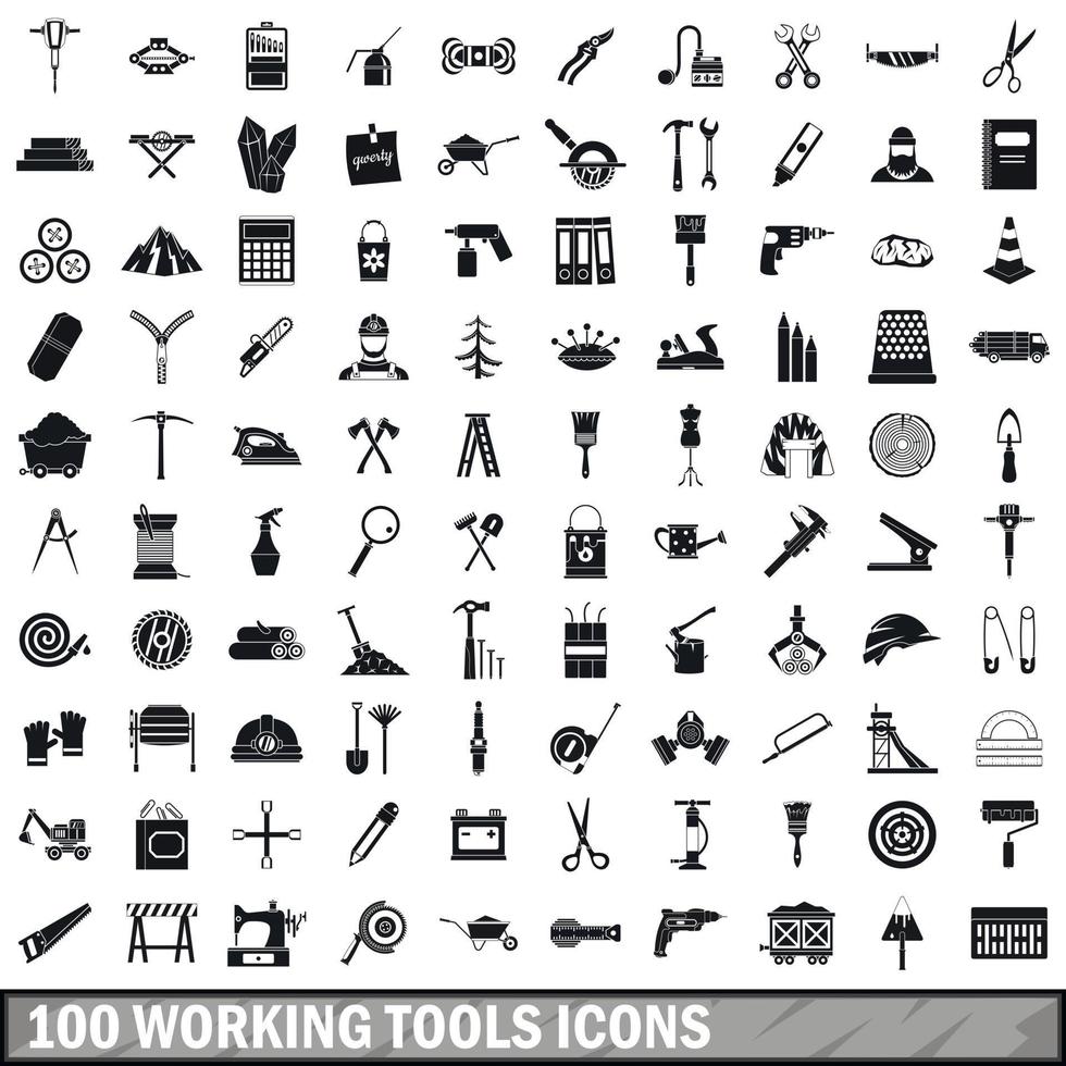 100 working tools icons set, simple style vector
