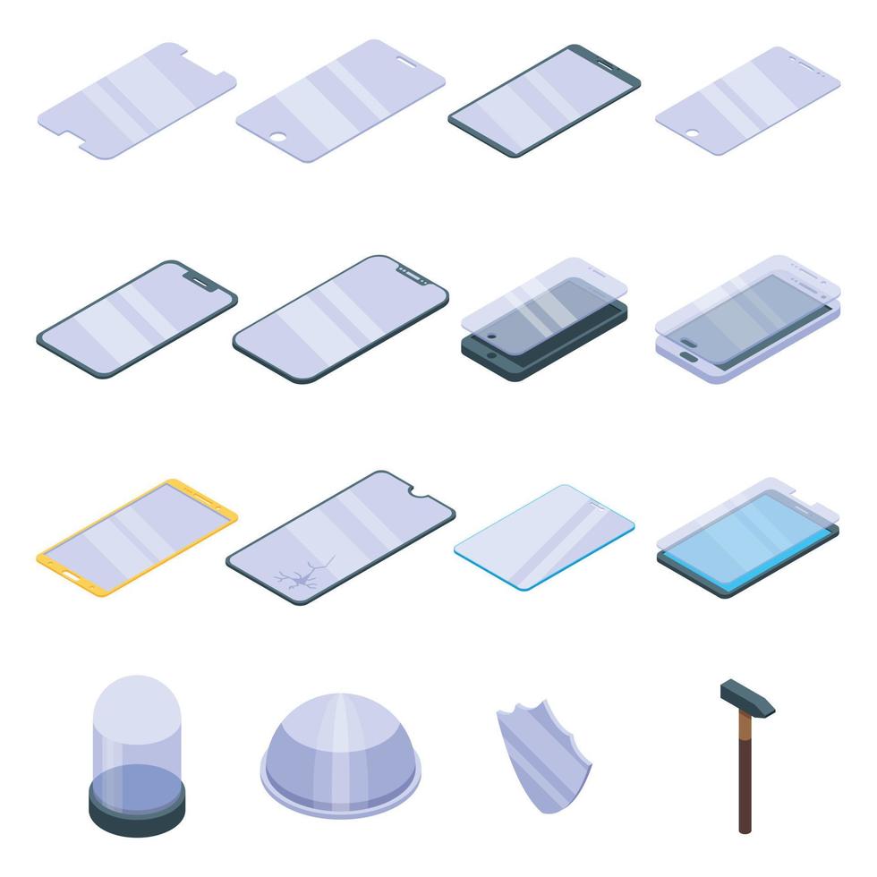 conjunto de iconos de vidrio protector, estilo isométrico vector