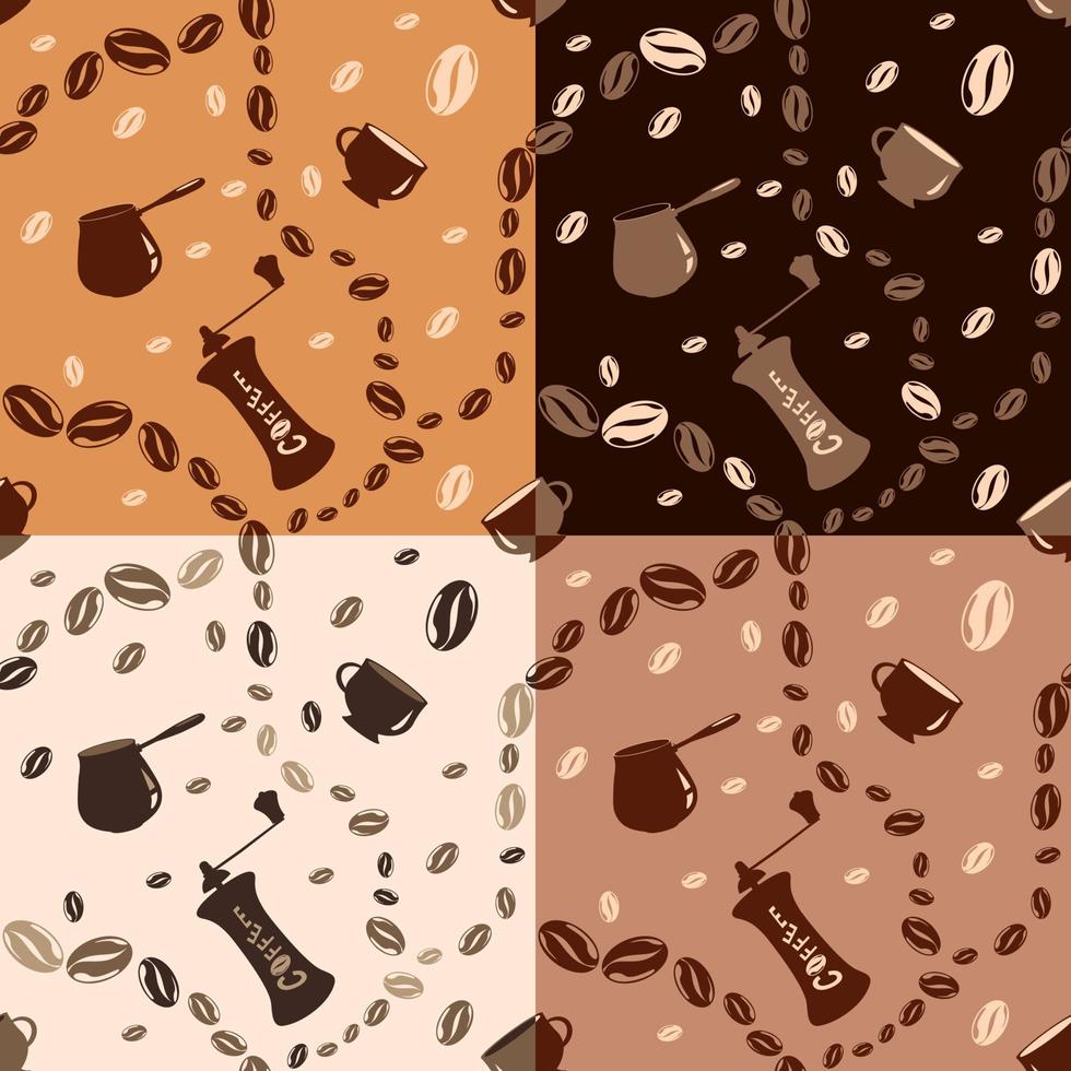 patrón sin costuras de granos de café, tazas, molinillo de café, cafetera. vector