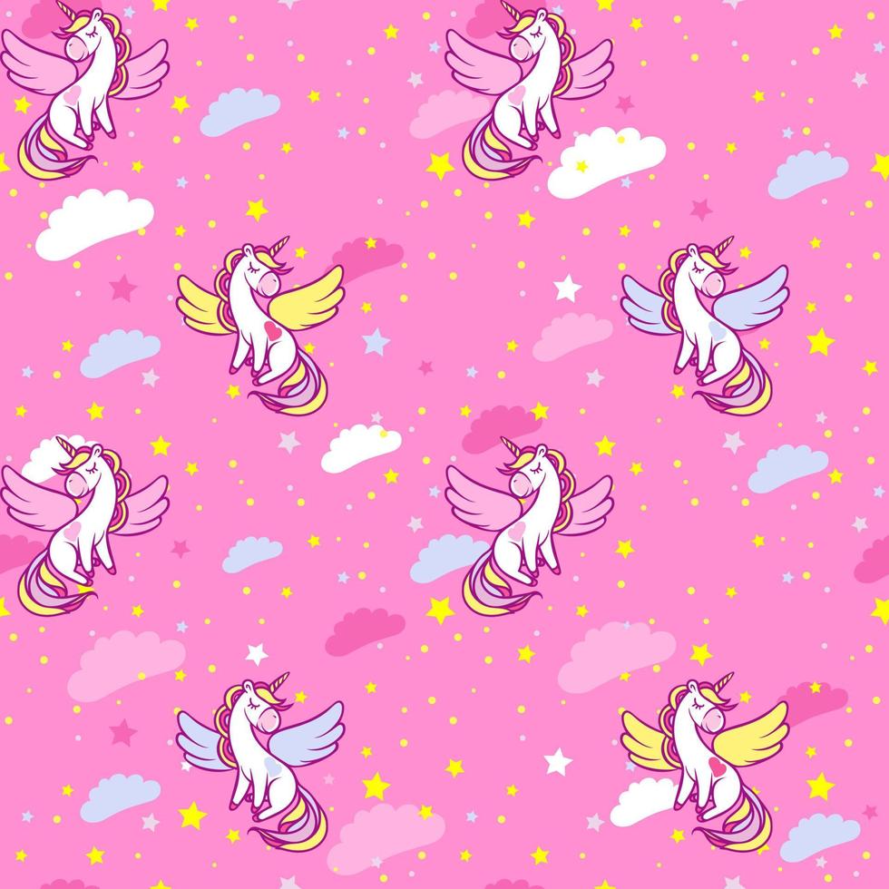 Seamless pattern with cute magical unicorns in the sky with colorful clouds and stars. vector